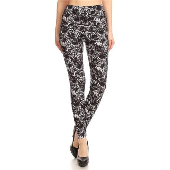 Abstract Rose‎ Floral Printed Leggings Tights High Waisted Gray Black Leggings - Picture 1 of 4